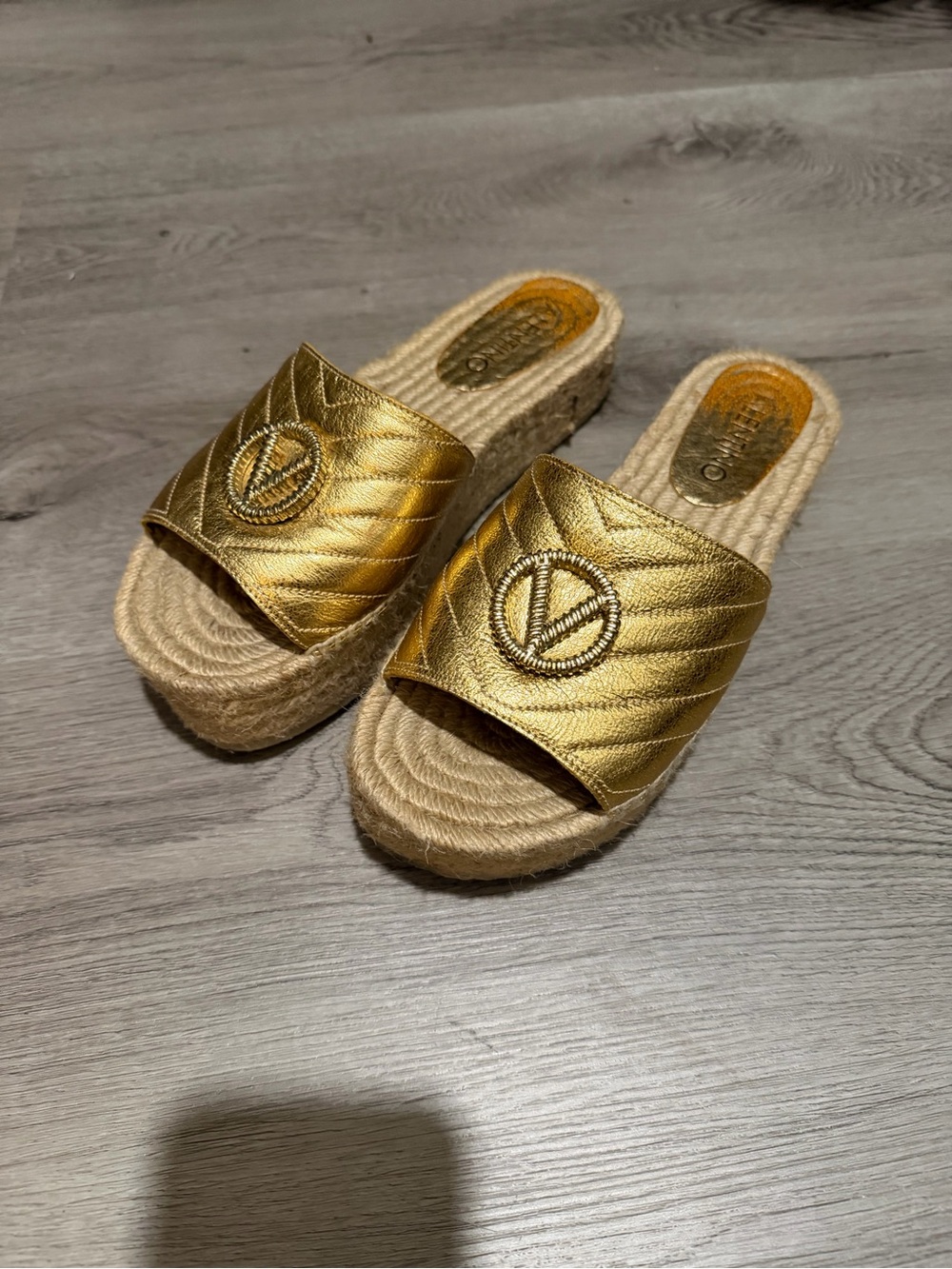 Valentino Metallic Gold Quilted Slide Espadrille Mules